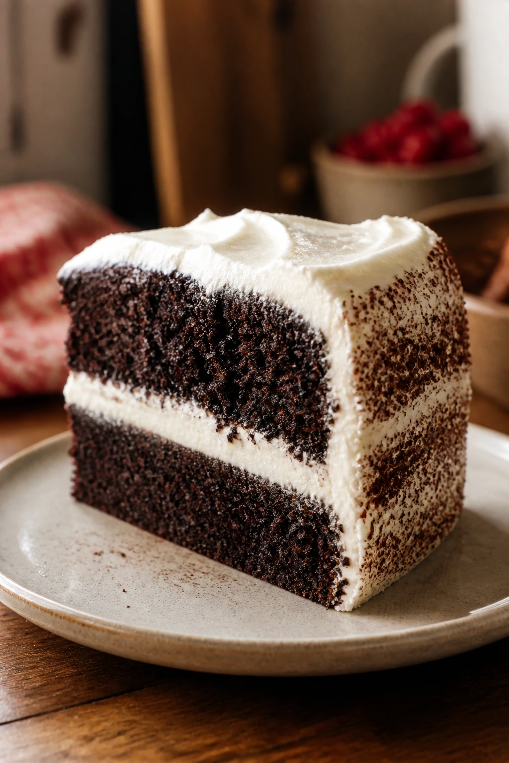 Dairy-free chocolate cake slice with dairy-free cream cheese frosting