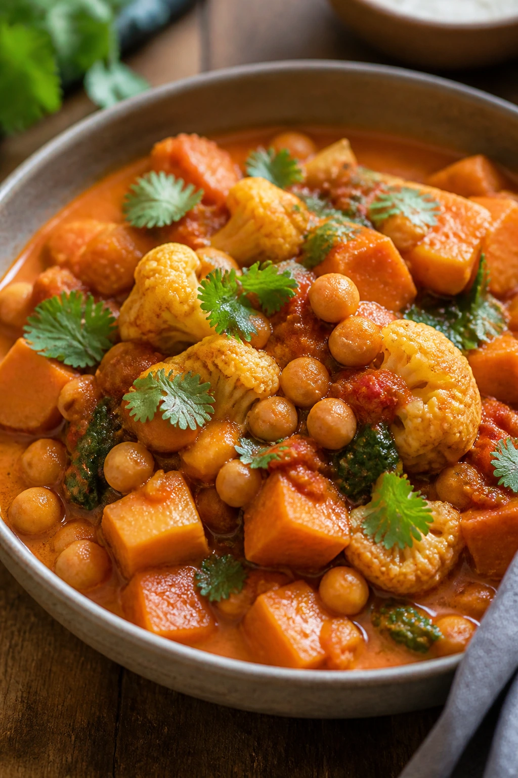 Close-up curry bowl with sweet potato, chickpeas, and cauliflower in a warm kitchen