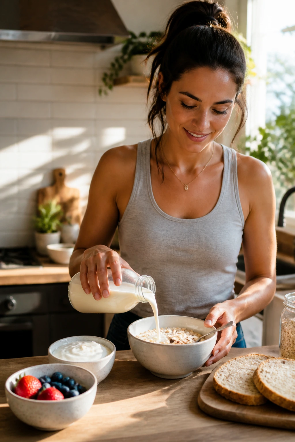 Real person preparing dairy-free and gluten-free breakfast in sunny kitchen