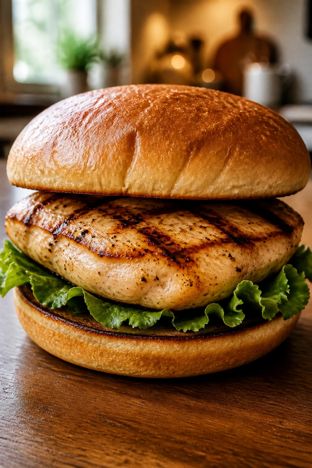 Close-up of a dairy-free grilled chicken sandwich with lettuce, dairy-free and under 500 calories
