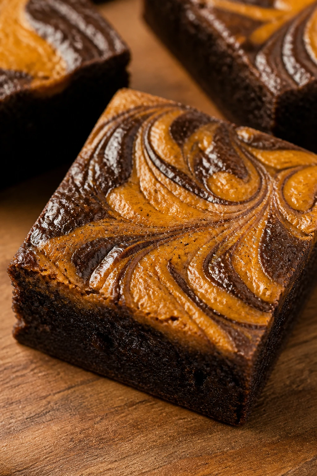 Close-up of dairy-free olive oil pumpkin swirl brownie with glossy surface