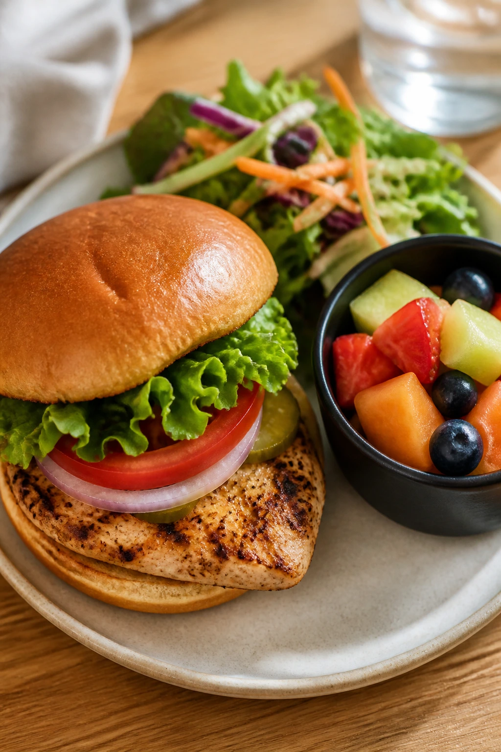 Close-up of a plated dairy-free fast-food meal under 500 calories