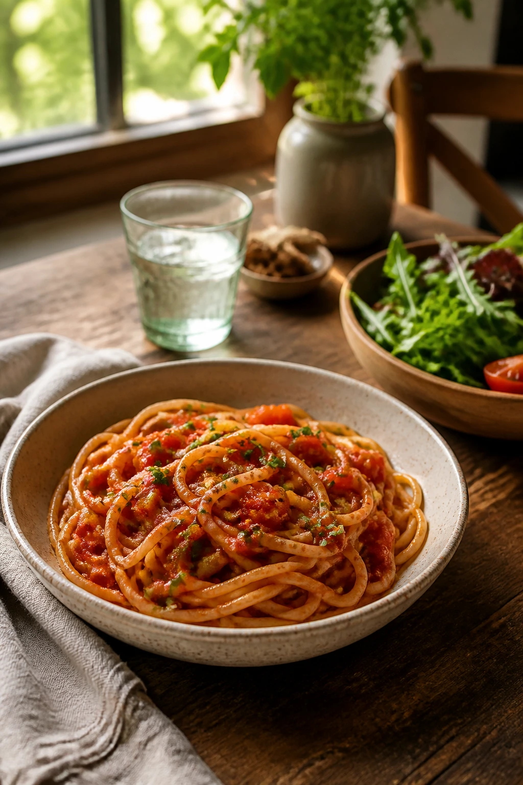 Dairy-free pasta in a wide bowl with side salad on a wooden table