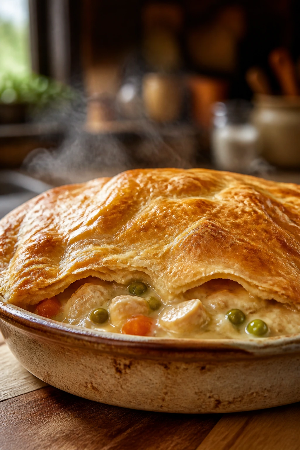 Close-up of a dairy-free chicken pot pie with a flaky crust and steam
