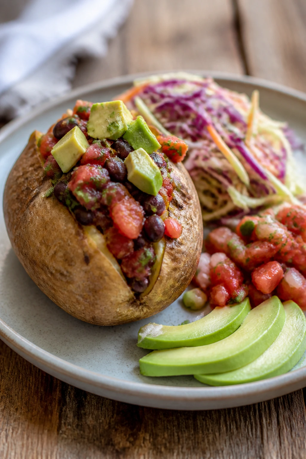 Close-up of a stuffed baked potato on a plate with salsa and avocado beside it, slaw in background