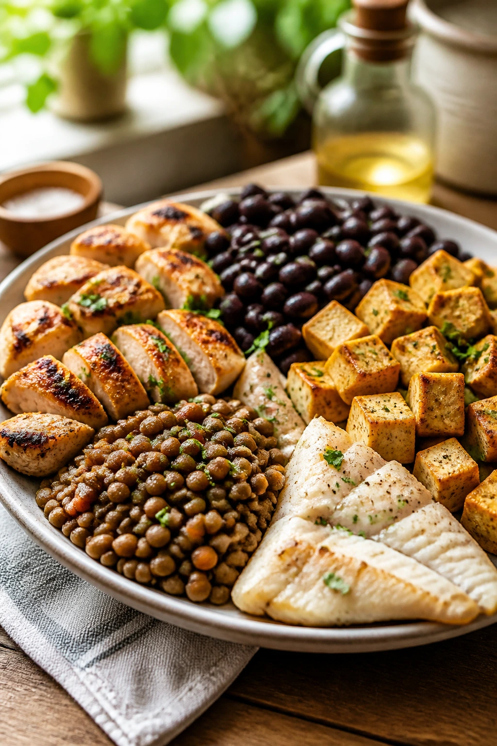Close-up plate with diverse dairy-free proteins (chicken, beans, lentils, tofu, fish)
