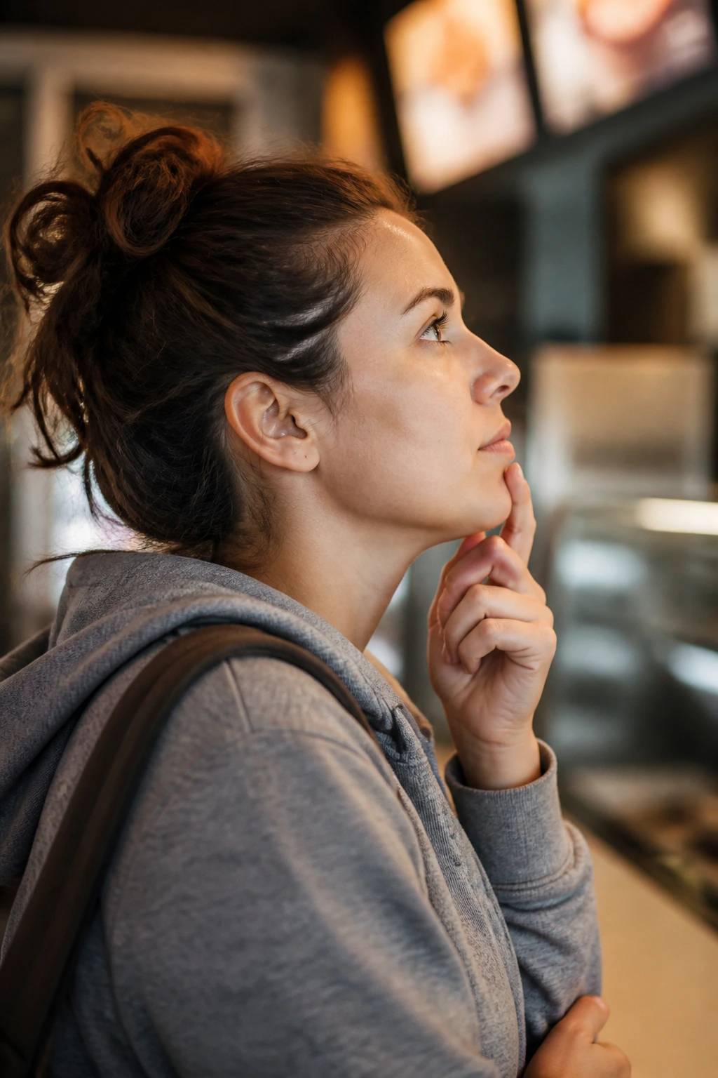 Close-up portrait of a person asking a question at a restaurant counter