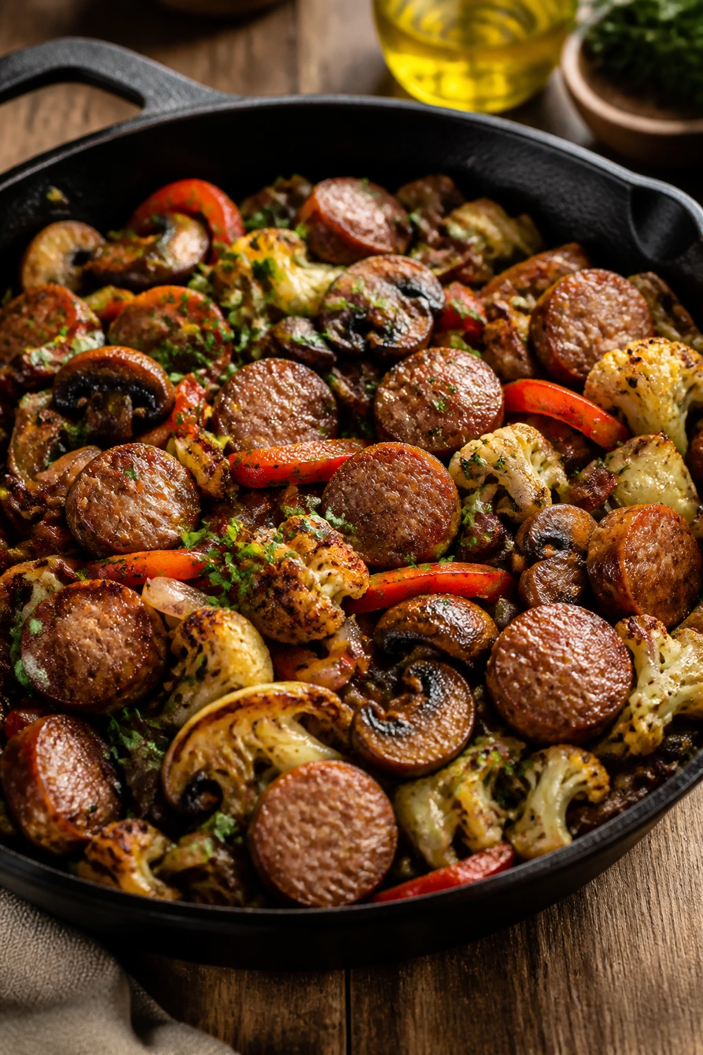 Close-up of a dairy-free sausage skillet with vegetables in olive oil