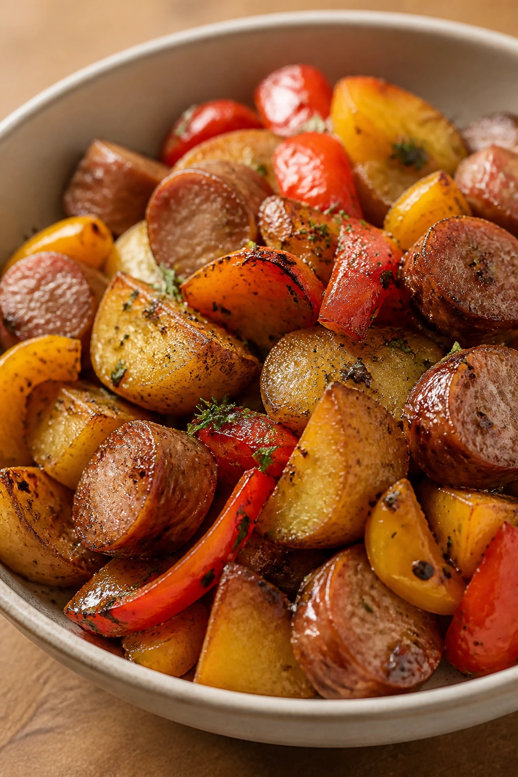 Shallow bowl with roasted sausage and potatoes in a cozy kitchen