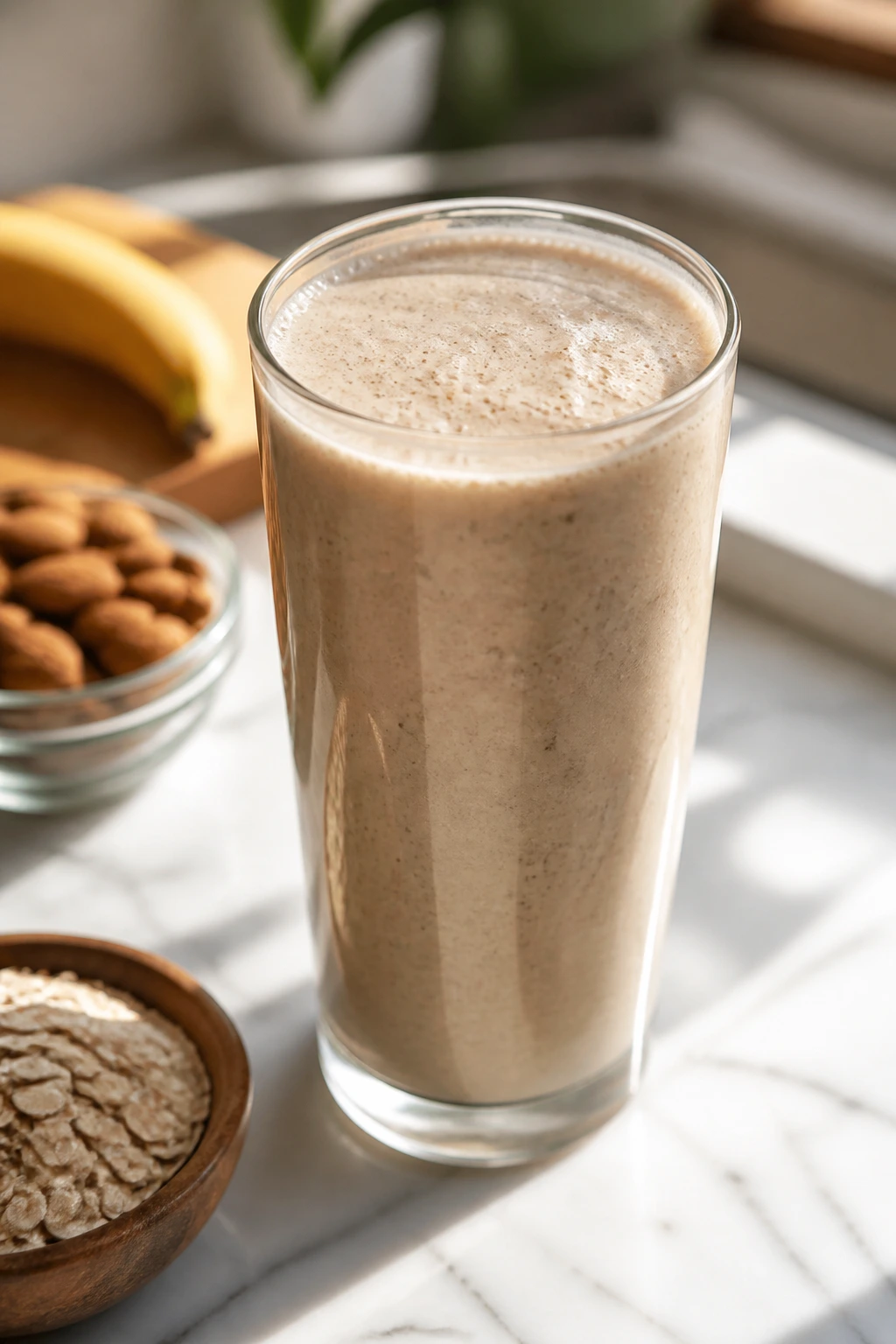 Dairy-free smoothie in a glass on a kitchen counter