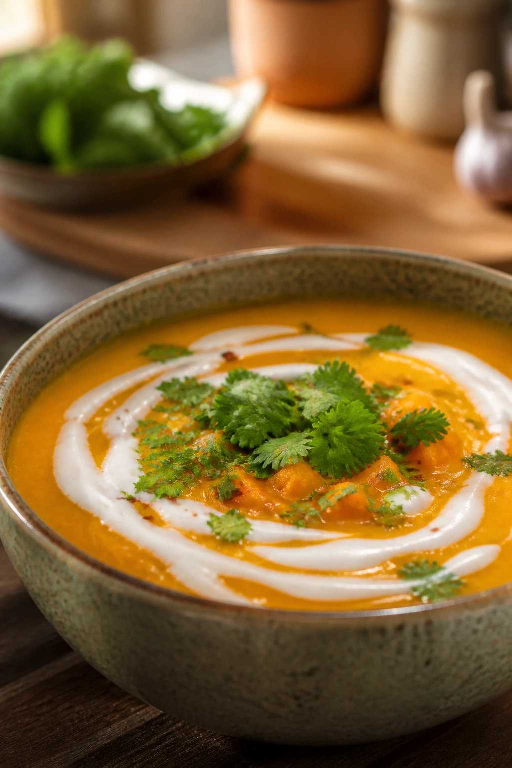 Dairy-free coconut-milk soup bowl with vibrant color, close-up