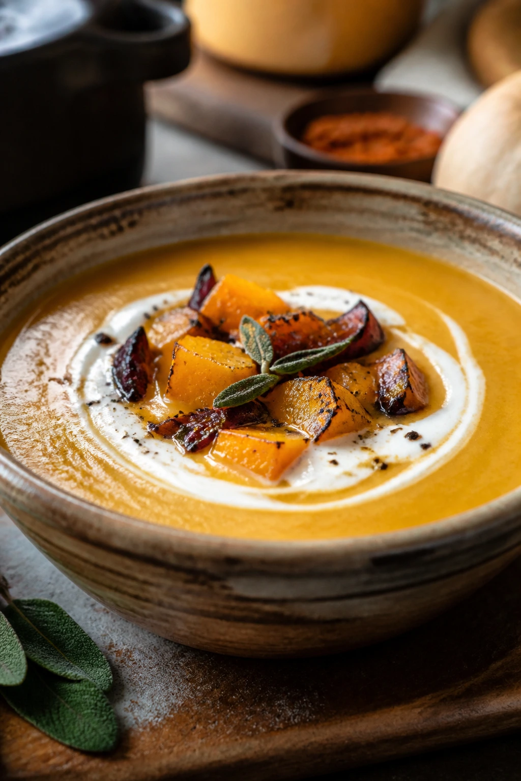 Creamy squash soup with coconut milk swirl in rustic bowl