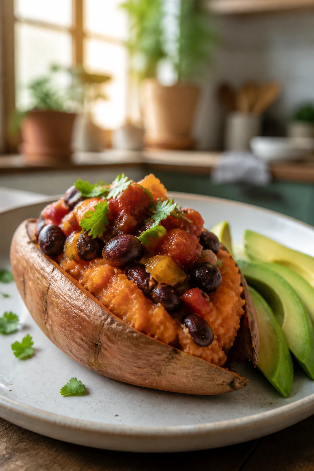 Close-up of a plated dairy-free stuffed sweet potato with black beans and salsa, avocado on side.
