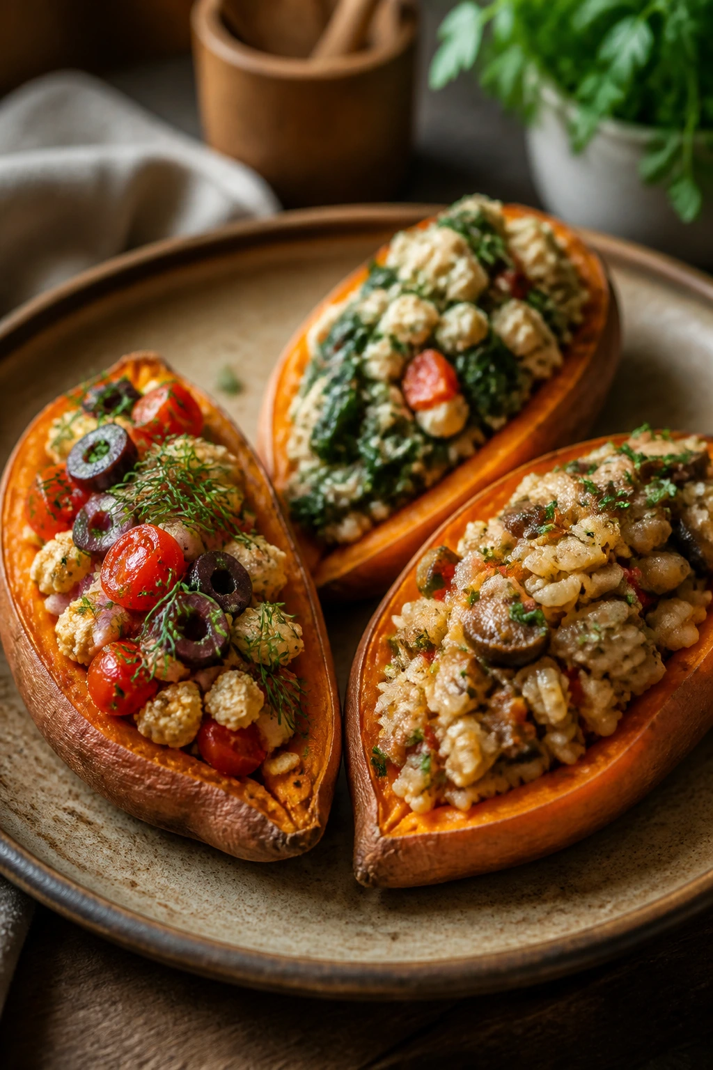Plate with three wedges of stuffed dairy-free sweet potatoes showing variations (olives with dill, spinach, brown rice) in a warm kitchen.