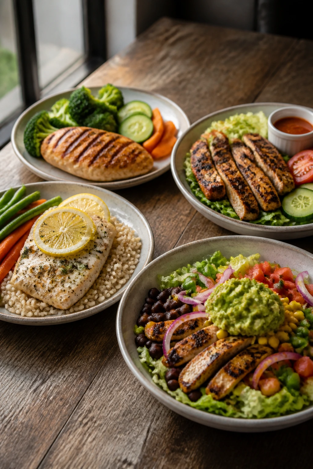 Four dairy-free fast-food plates showing protein-focused variations on a wooden table