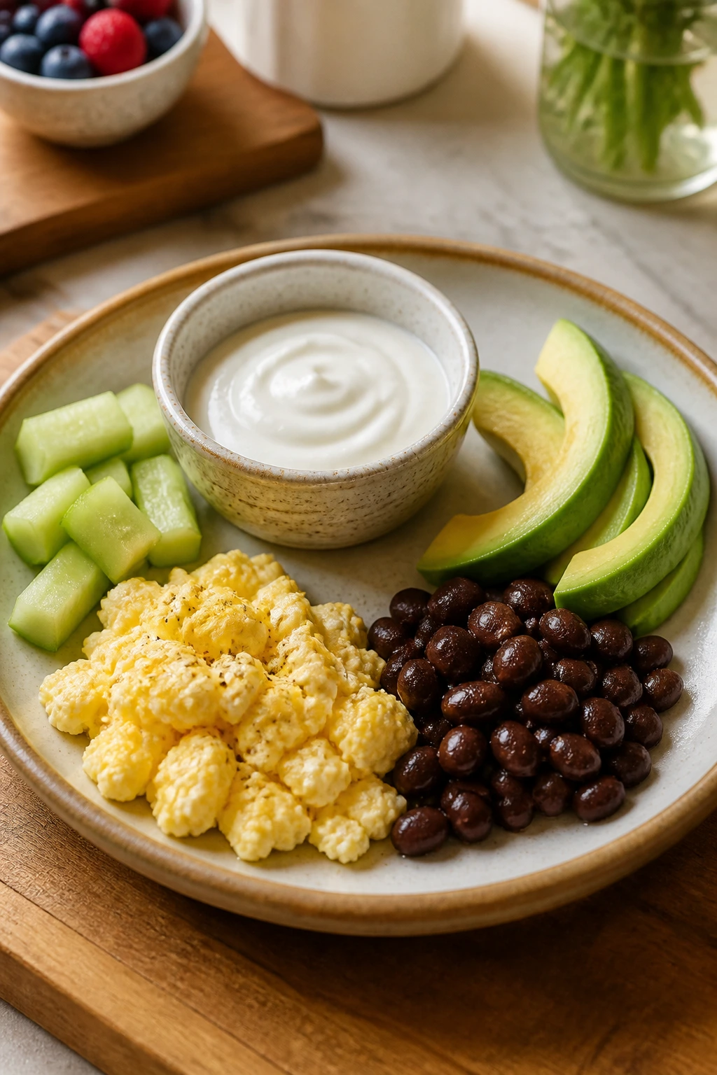 Dairy-free toddler plate with plant yogurt, avocado, beans and eggs on a warm kitchen counter.