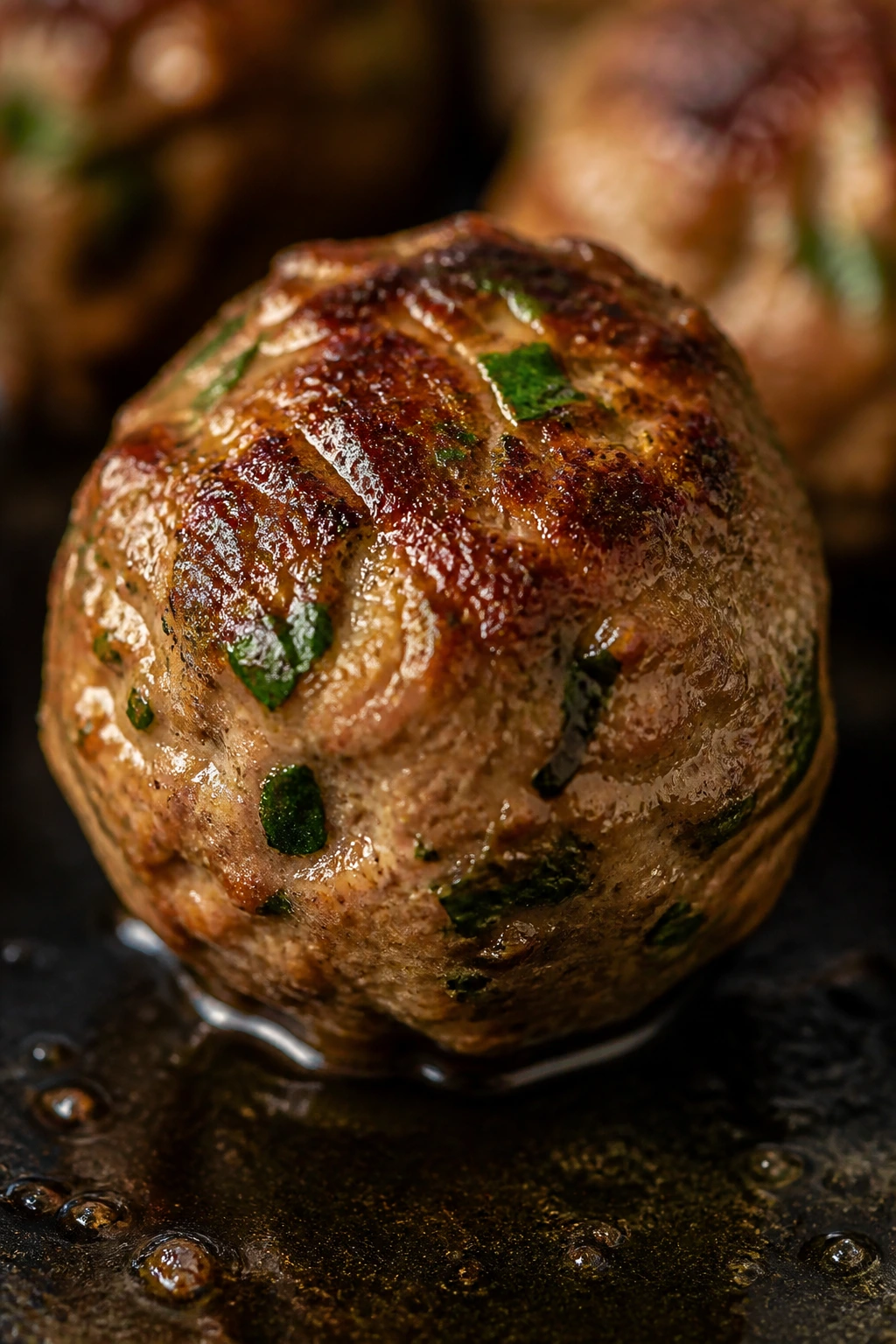 Close-up of a dairy-free herb meatball with olive oil sheen