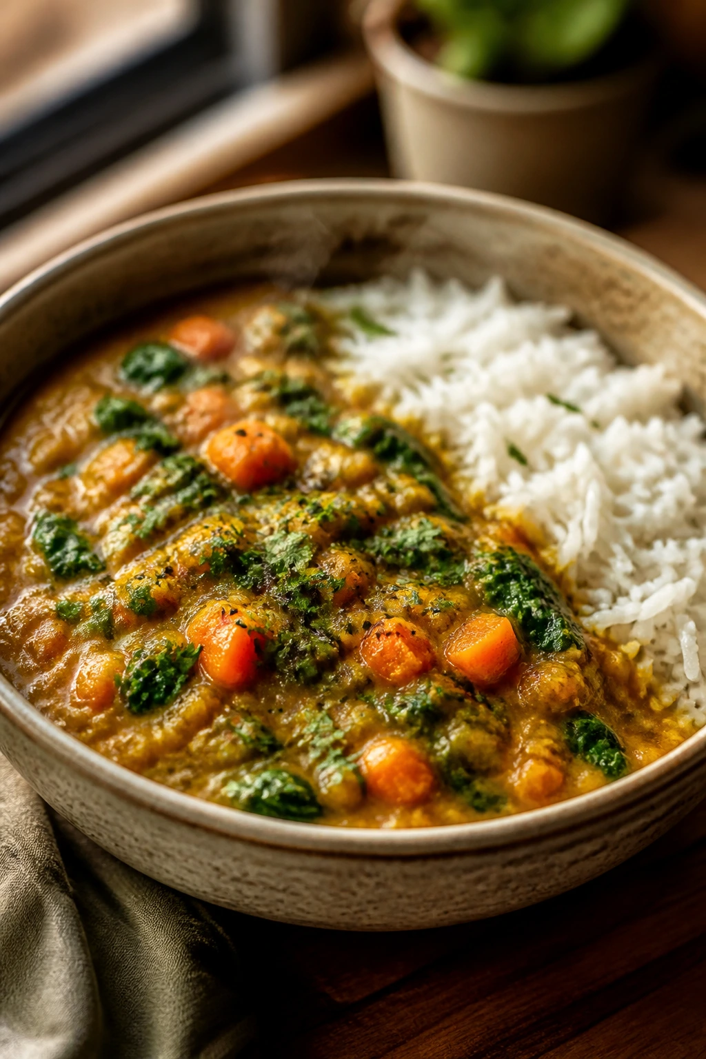 Close-up of vegetable dal with spinach and carrots in a bowl.