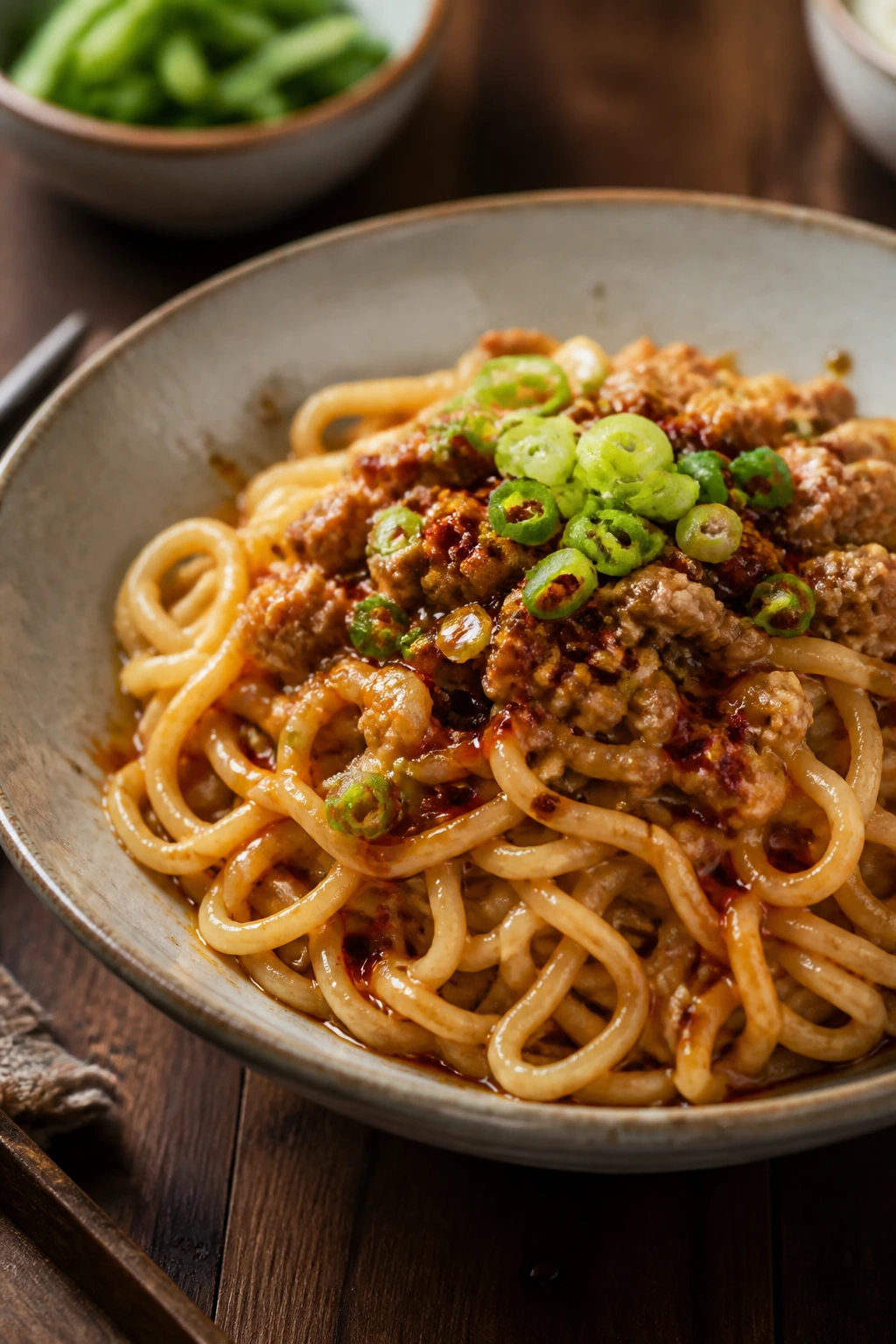 Close-up of Dan Dan Noodles with pork and sesame-peanut sauce in a rustic setting
