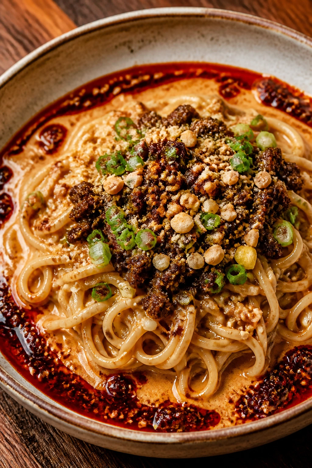 Close-up of Dan Dan Noodles with chili oil and pork