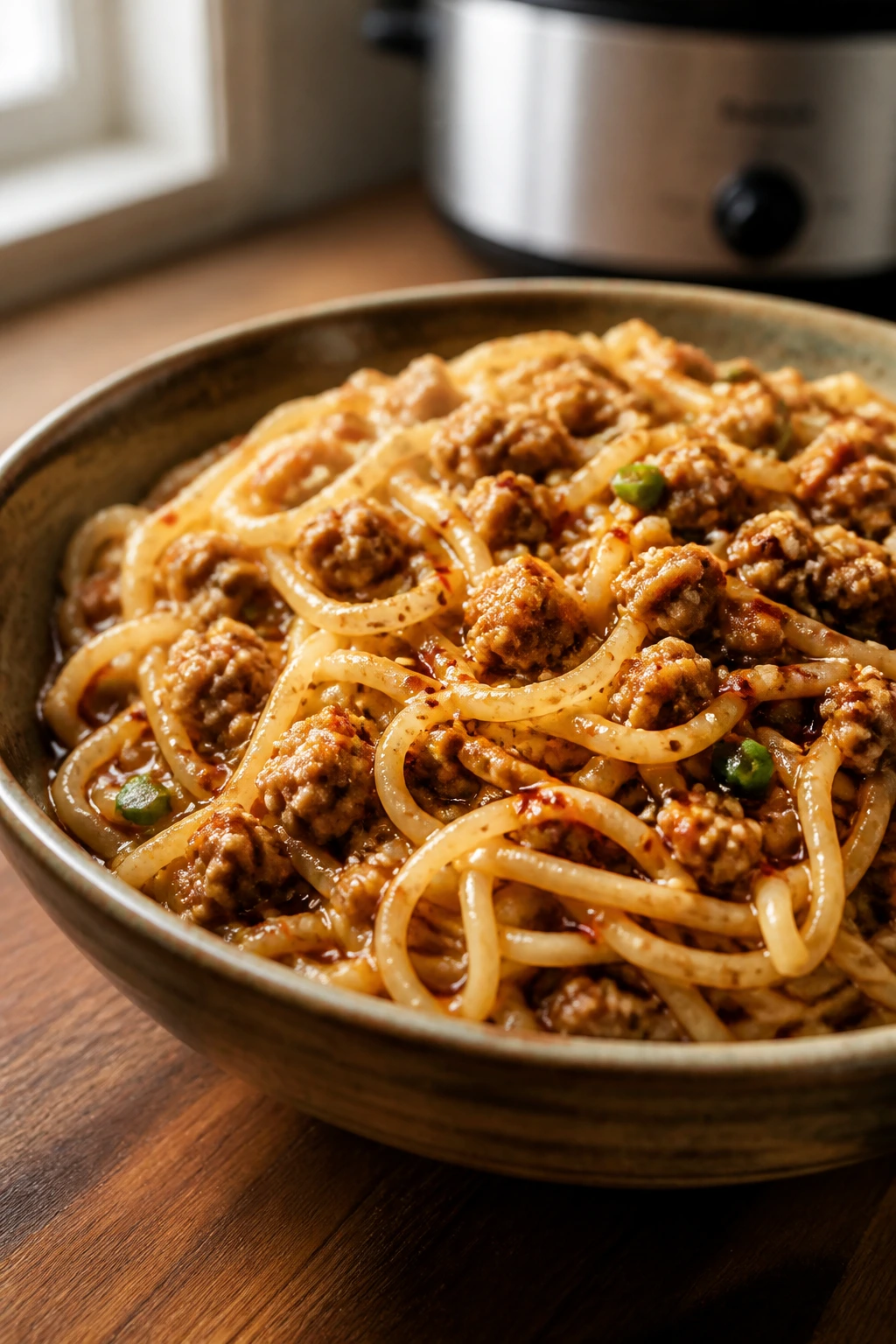 Close-up of Dan Dan Ground Pork Noodles with peanut-sesame sauce and ground pork