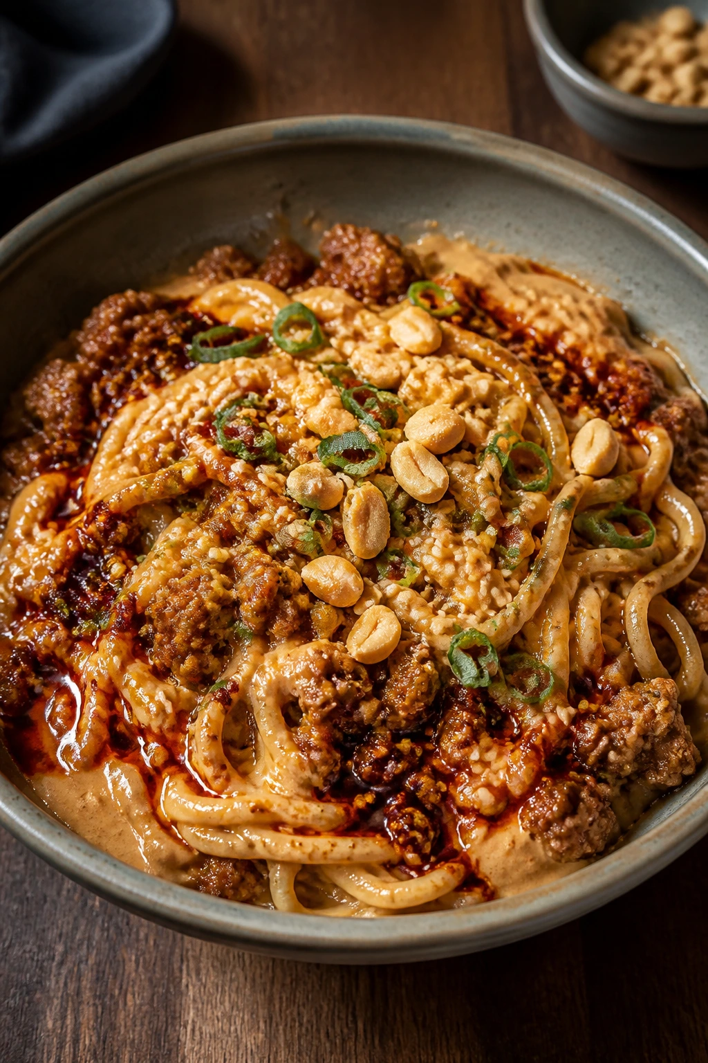 Close-up of Dan Dan-Inspired Noodles with Ground Pork in a bowl