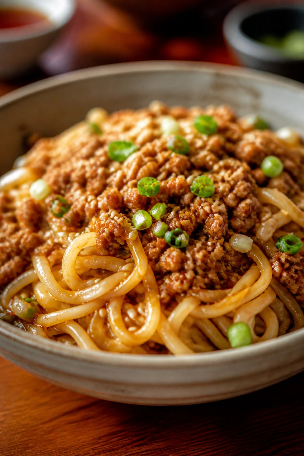 Close-up of Dan Dan noodles with ground pork in a bowl