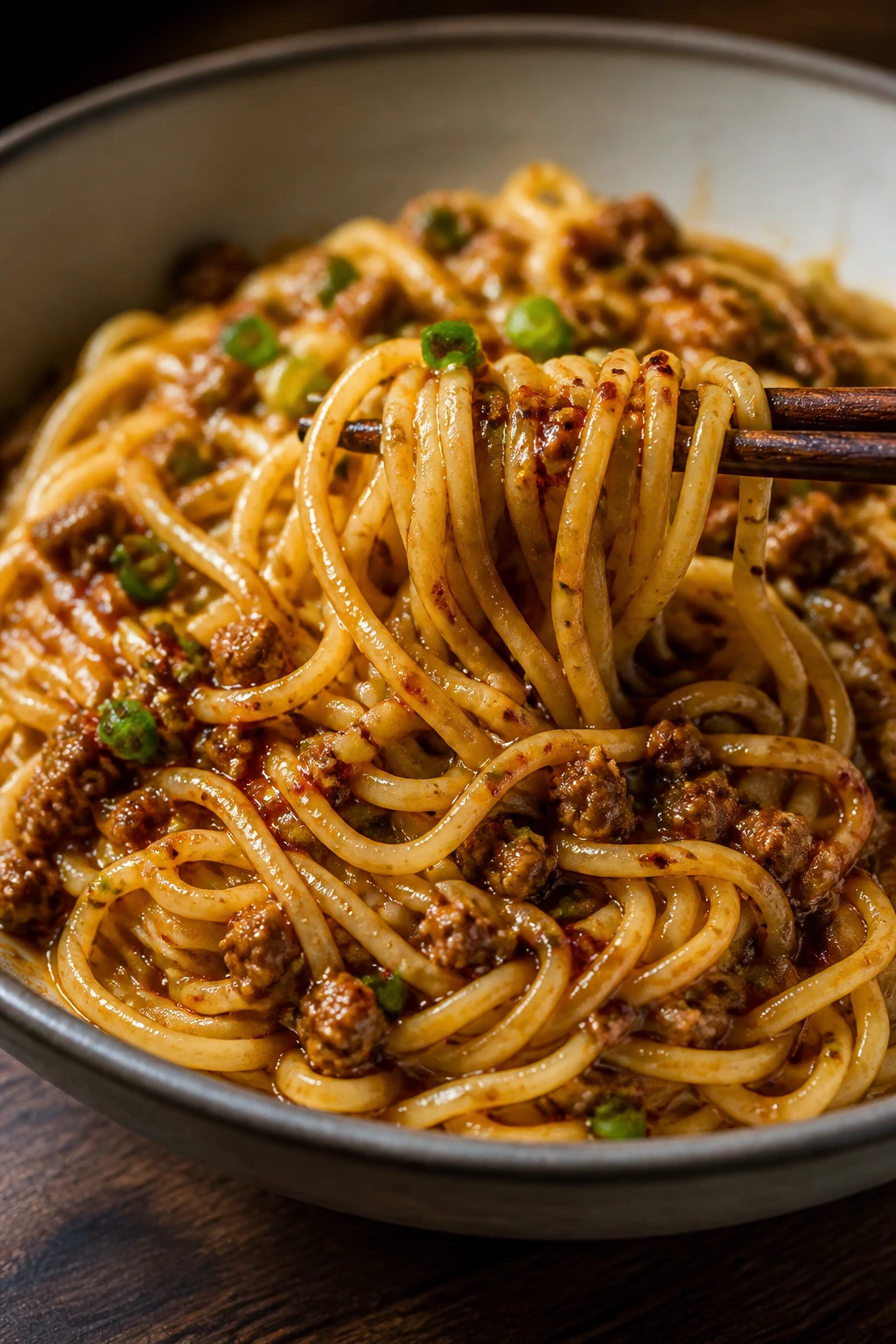 Dan Dan noodles with ground pork in a bowl
