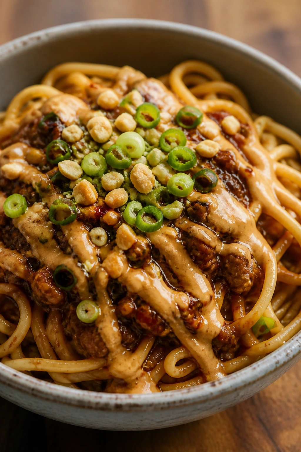 Close-up of Dan Dan Noodles with Pork in a glossy sauce