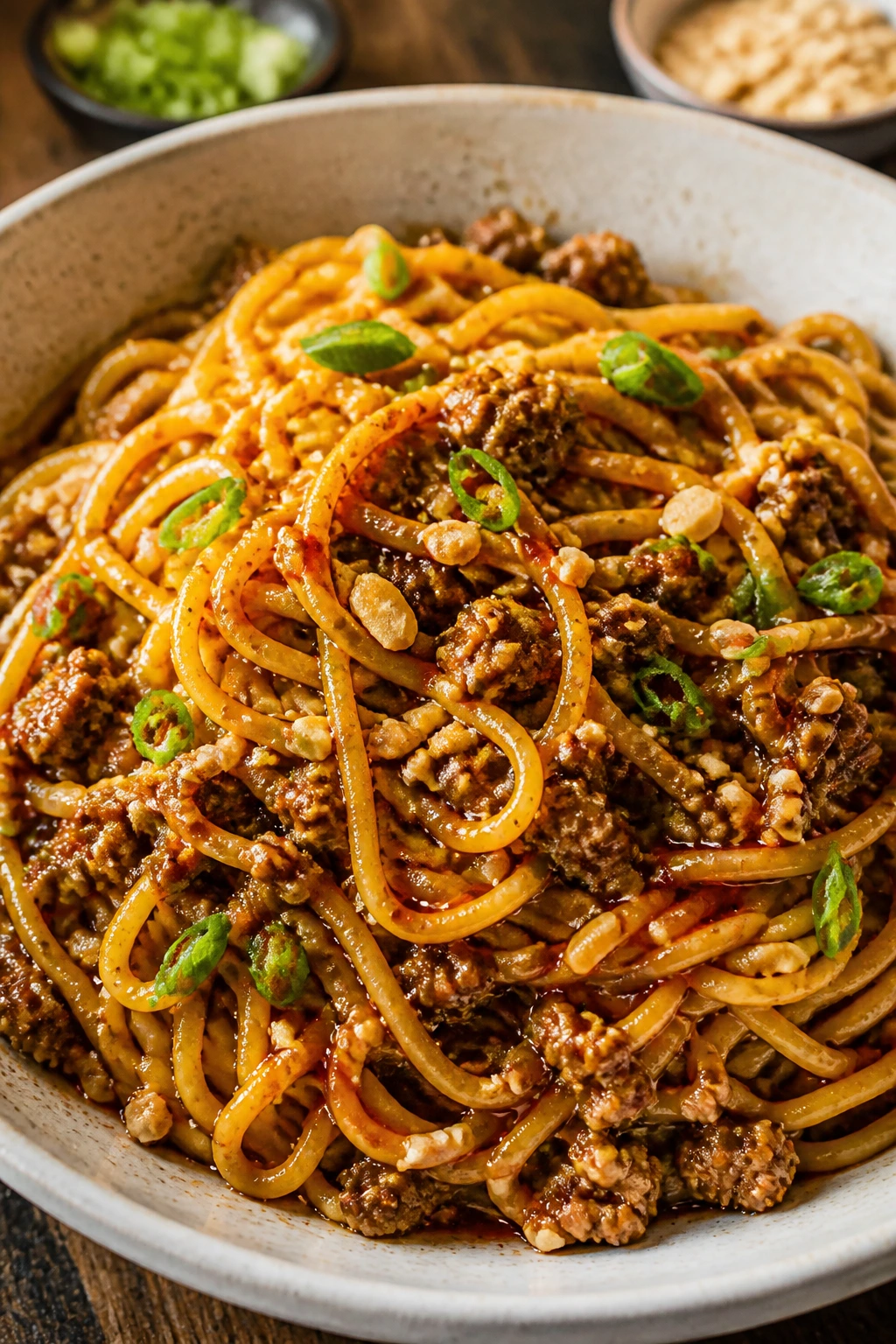 Bowl of saucy Dan Dan noodles with pork and peanut-chili sauce