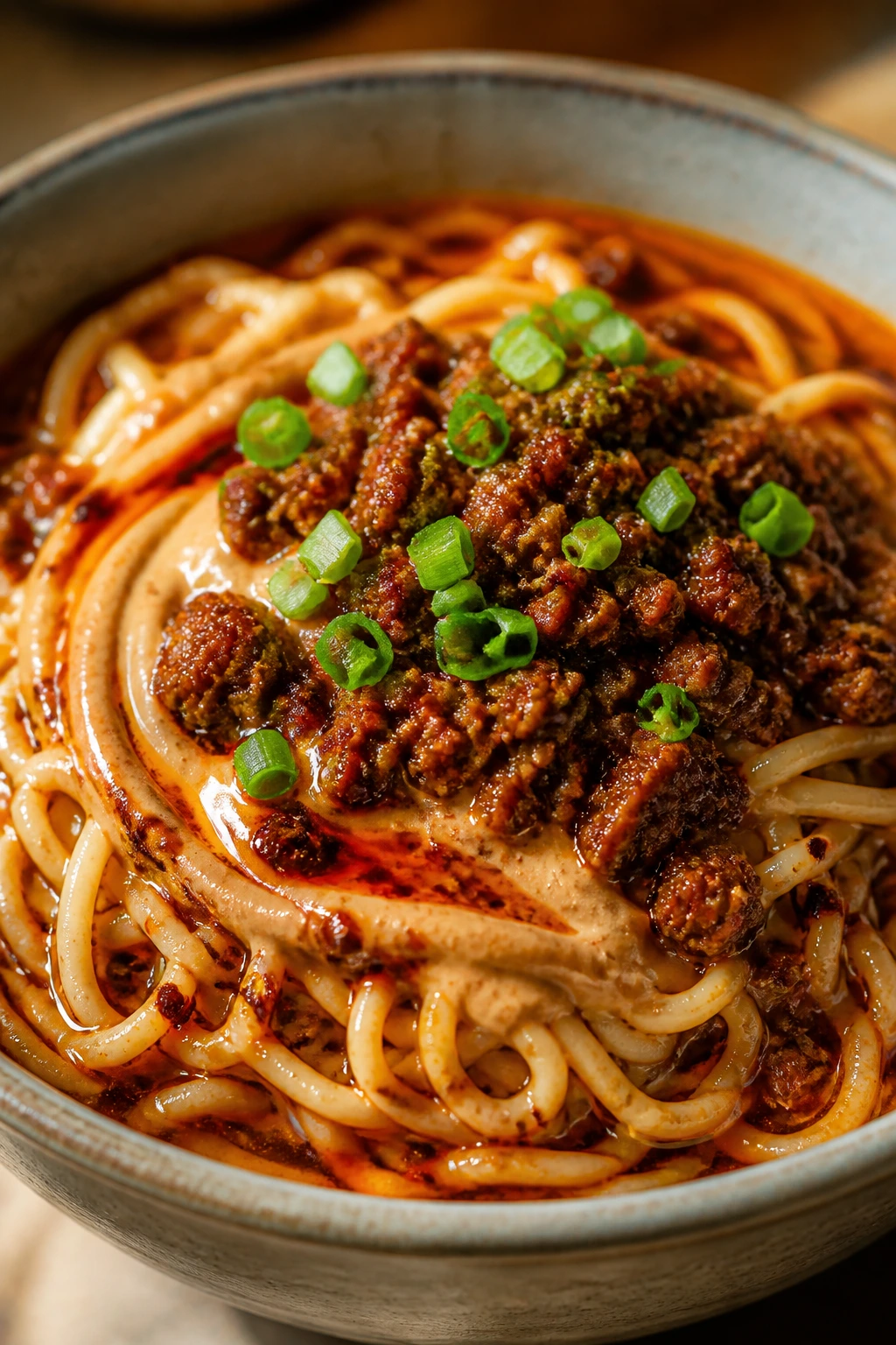Close-up of Dan Dan Noodles with pork and sesame