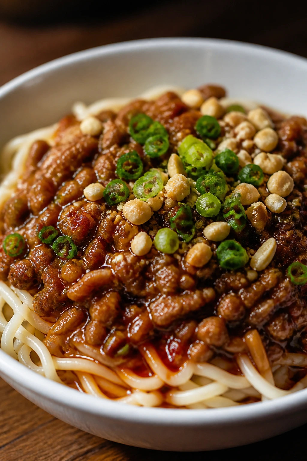 Close-up of Dan Dan sauce on noodles in a bowl