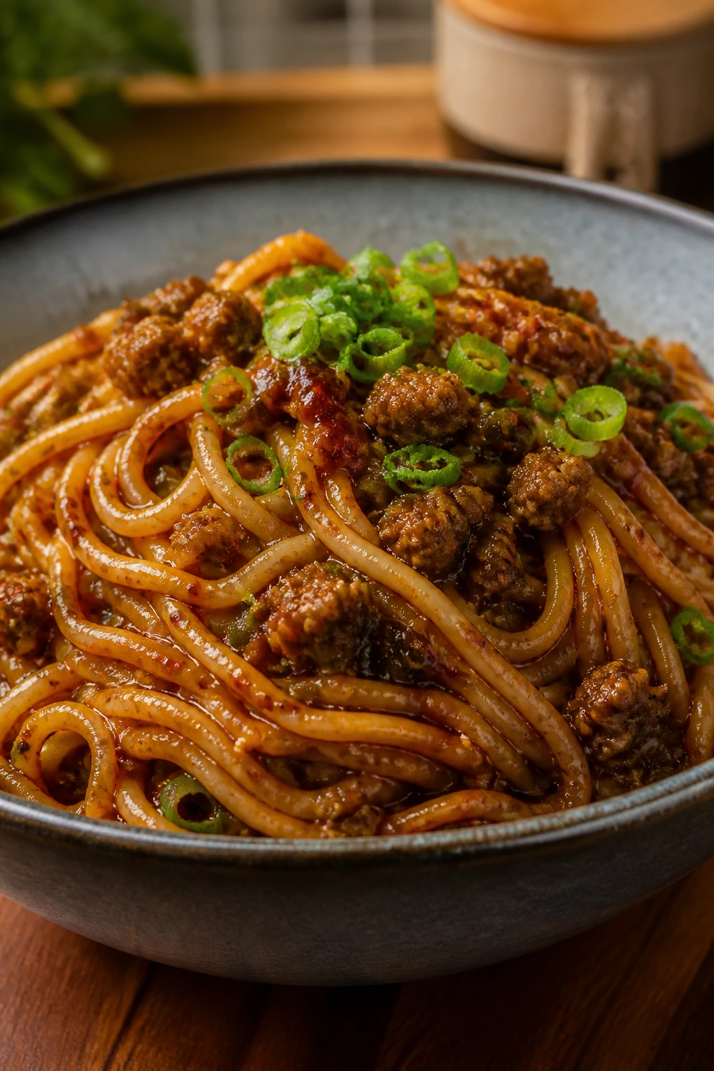 Close-up of Dan Dan noodles in a glossy chili-nut sauce with pork and scallions