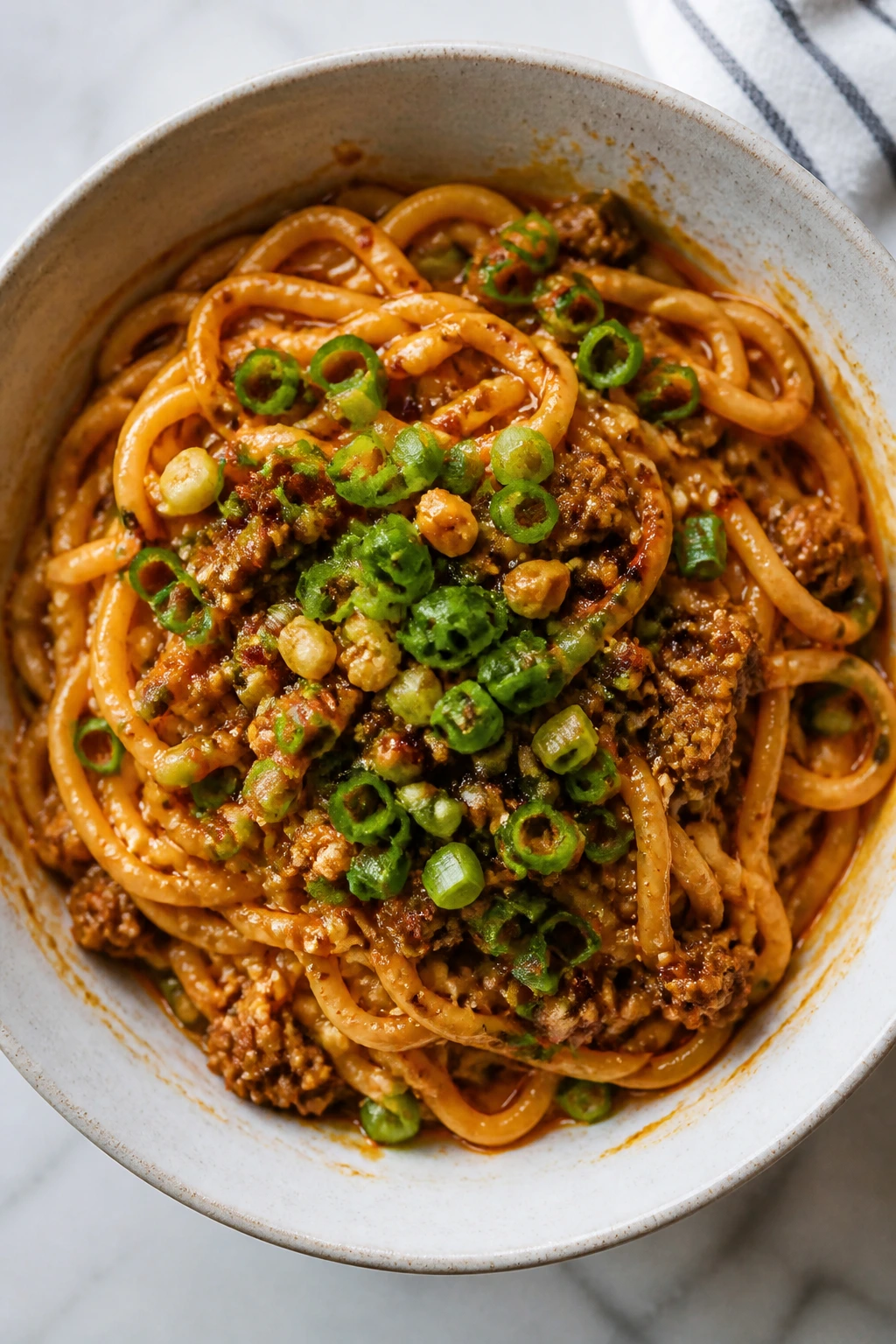Close-up of Dan Dan Noodles in a glossy sesame-chili sauce