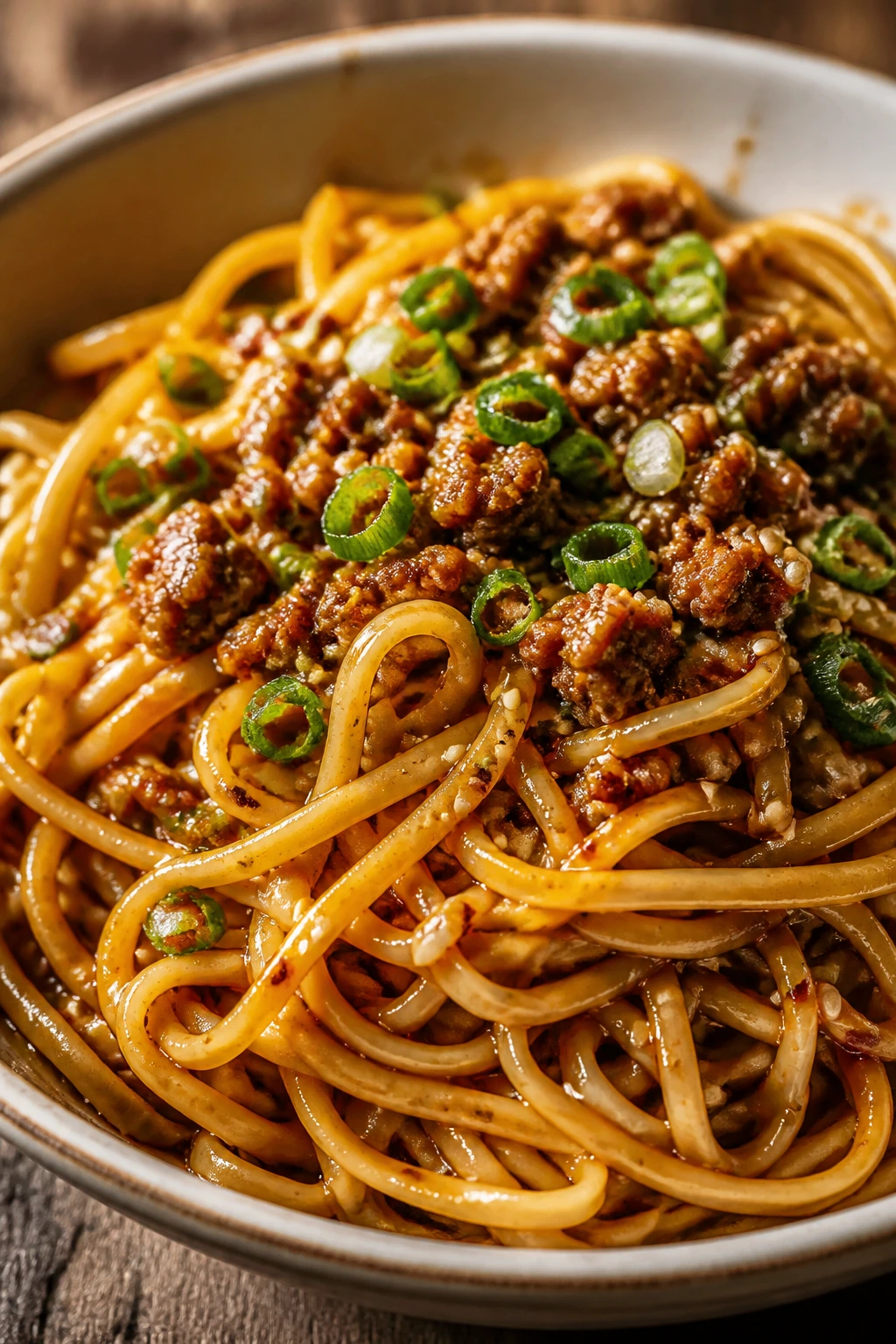 Close-up of Dan Dan Noodles with sesame sauce and pork in a rustic bowl on wood