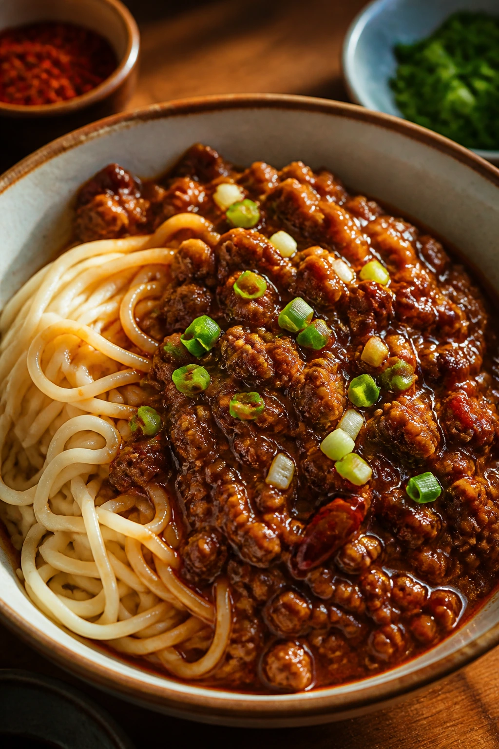 Close-up of Dan Dan pork noodles in a deep bowl