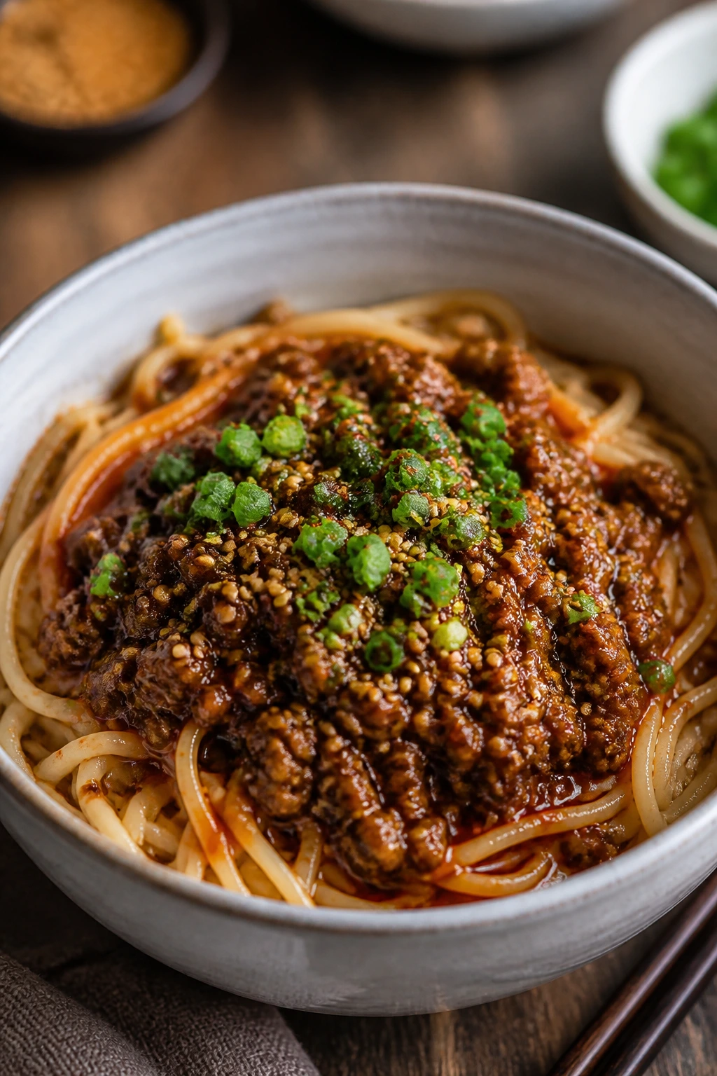 Dan Dan pork bowl with noodles and sesame oil
