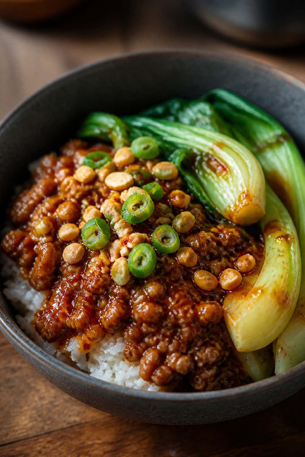 Close-up of Dan Dan pork rice bowl with spicy pork, peanuts and greens.