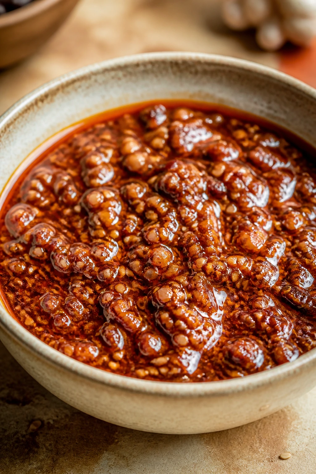 Close-up of thick sesame-chili Dan Dan sauce in a bowl