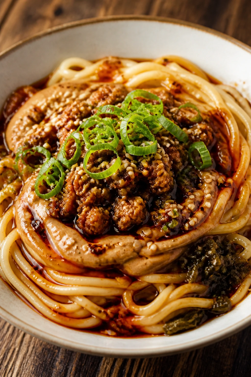 Close-up of Dan Dan noodles with sesame paste and chili oil, minced pork