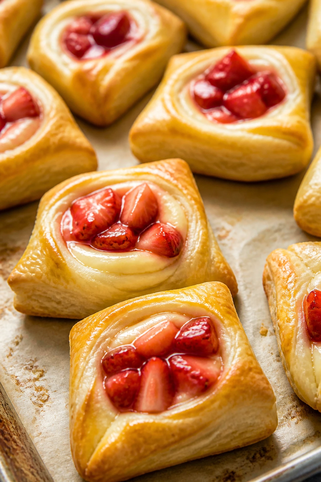Golden puff pastry danish bites with strawberry centers