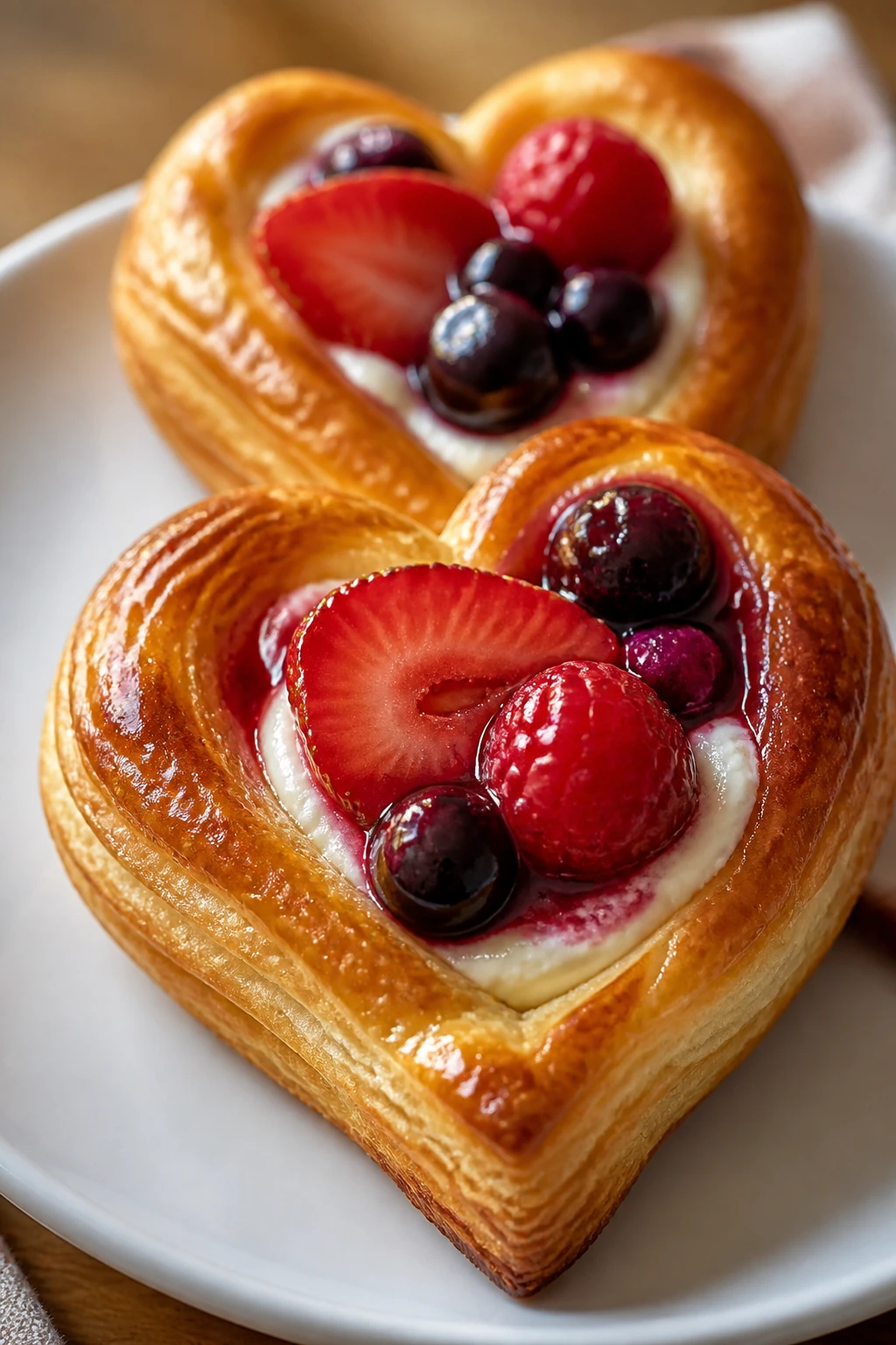 Close-up of puff pastry heart danishes with cream cheese and berry topping