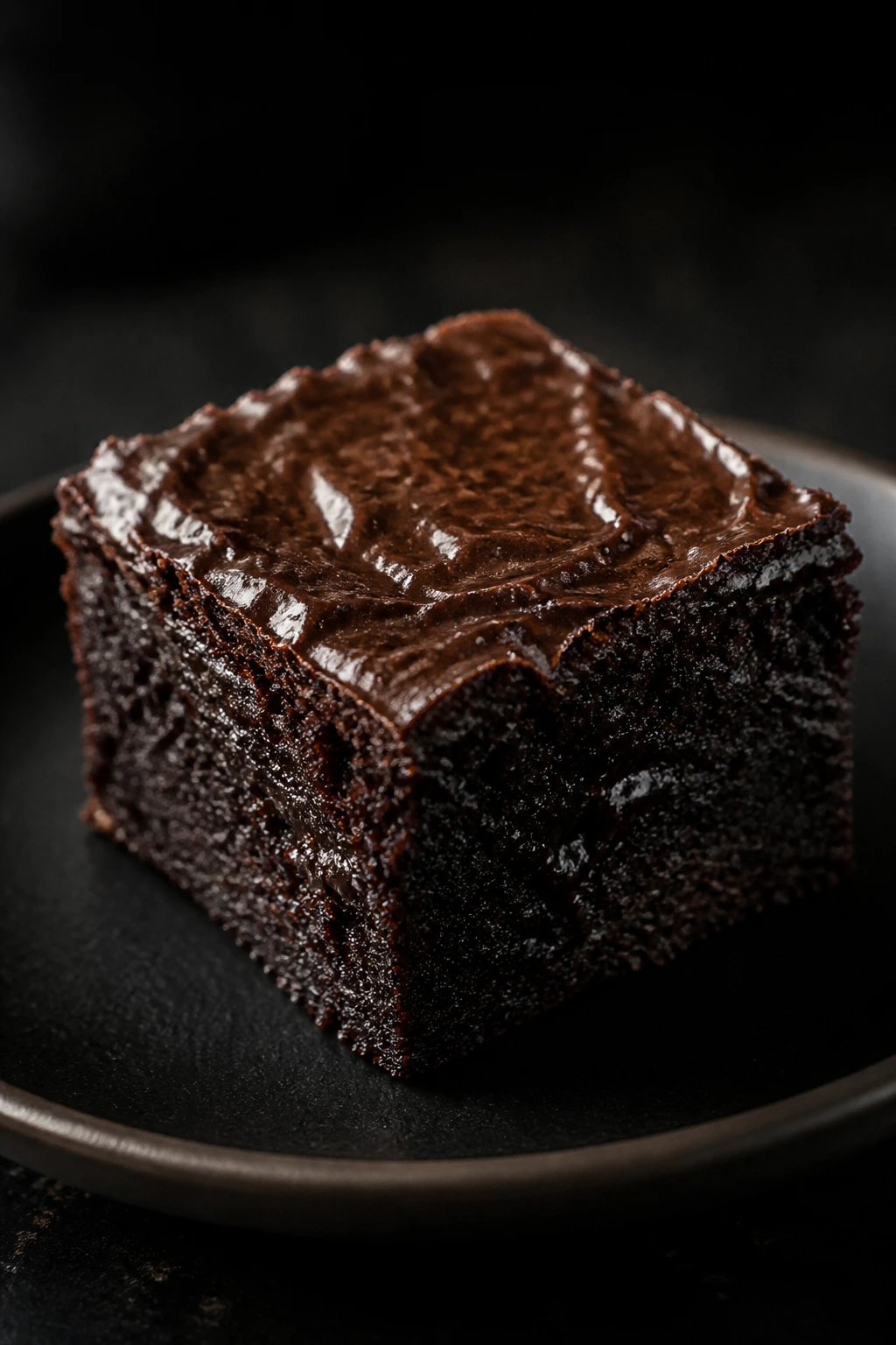 Ultra-dark fudgy brownie square on a dark plate