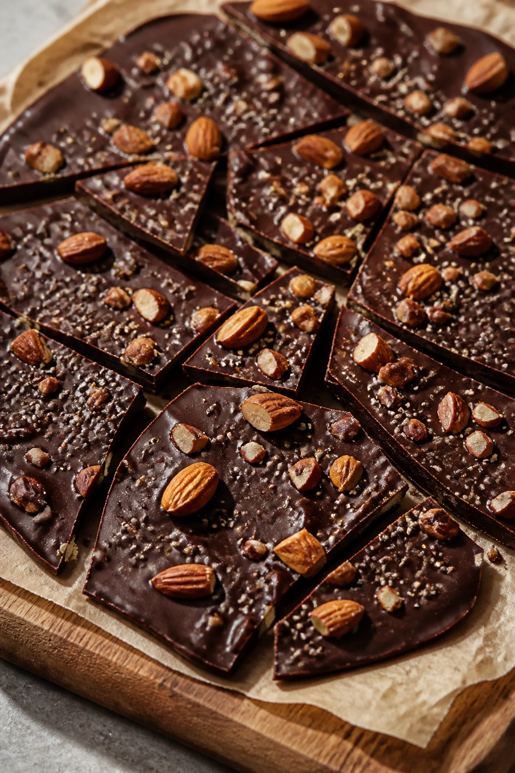 Dark chocolate bark with almonds and chia seeds on a wooden board
