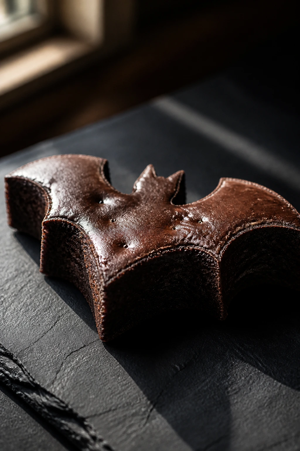 Ultra-dark bat brownie with glossy surface on slate board