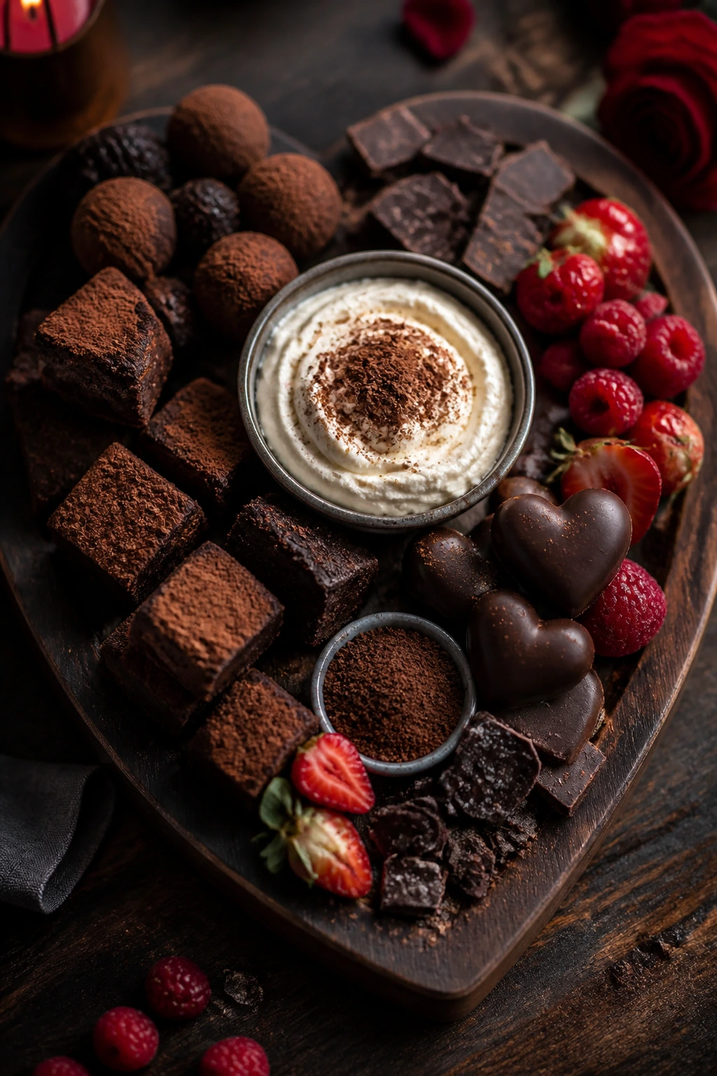 Dark chocolate heart board variation on dessert board