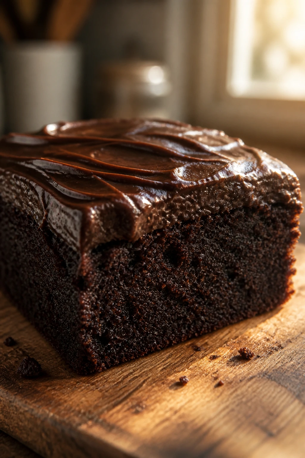 Close-up of dark chocolate fudge cake square on a wooden board in a sunlit kitchen