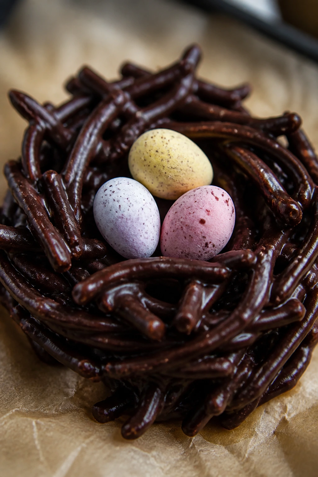 Dark chocolate nest made from chow mein noodles with candy eggs
