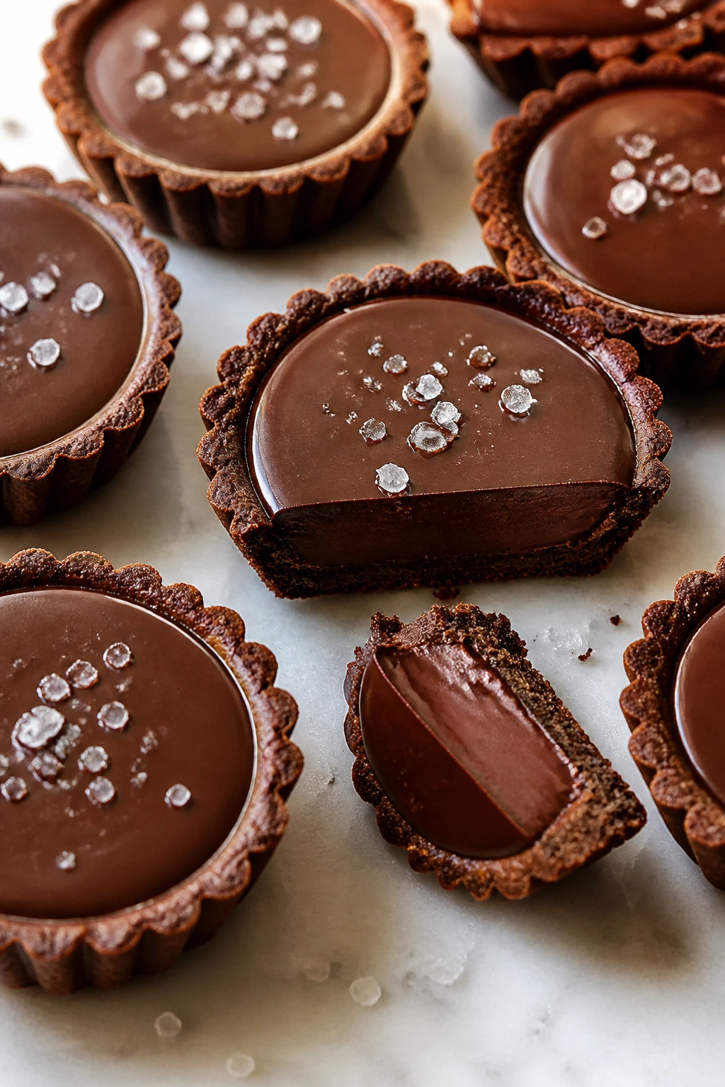 Cluster of dark chocolate tartlets with sea salt on a light board