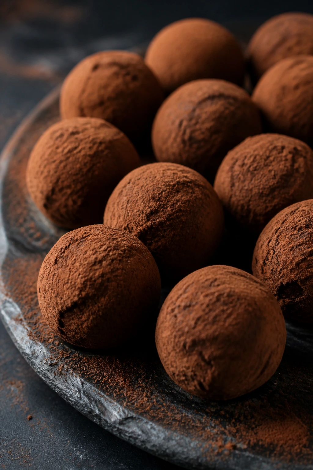Glossy dark chocolate truffles on a slate plate